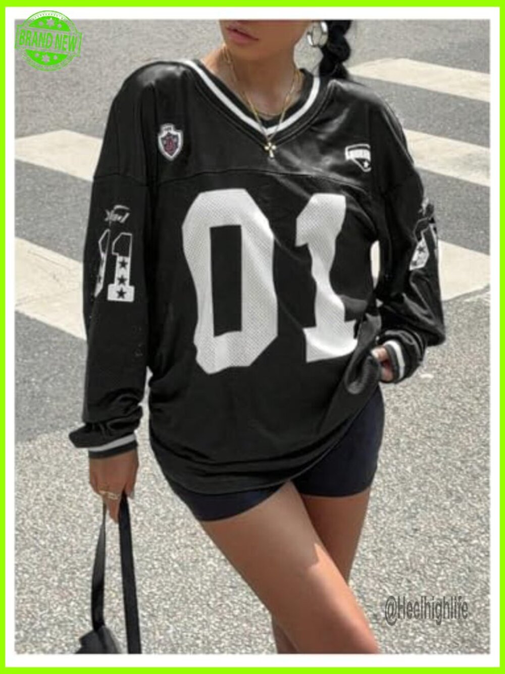 Oversized V-Neck Long Sleeve Graphic T-Shirt Loose Fit Jersey - Picture 5 of 6